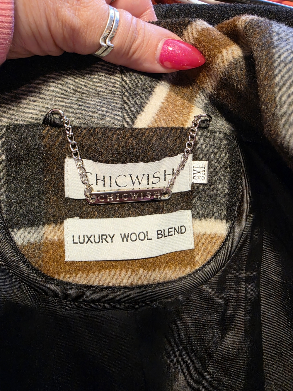 Chicwish Plaid Wool-Blend Pea Coat in Brown, Gray, Cream - Picture 8 of 9